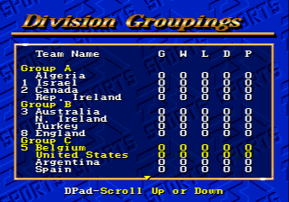 FIFA International Soccer (Genesis) screenshot: Division groupings