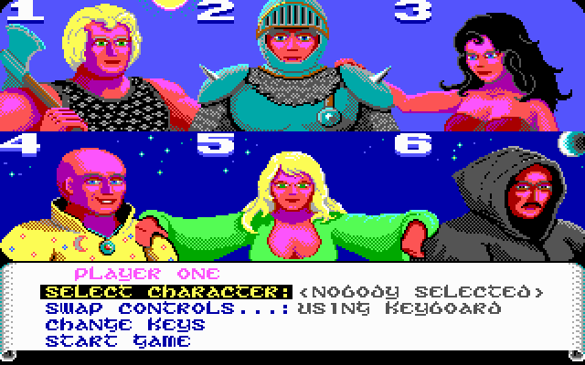 Fire King (DOS) screenshot: choose a character - EGA