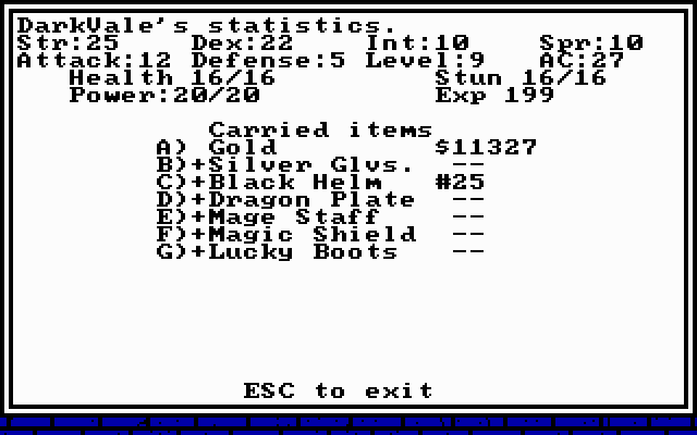 Dragon Wars (DOS) screenshot: Character statistics and inventory