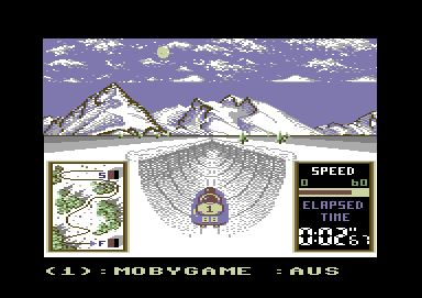Winter Challenge: World Class Competition (Commodore 64) screenshot: Headed downhill in the bob sled.