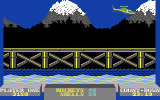Battle Valley (Commodore 64) screenshot: Piloting the helicopter over a bridge