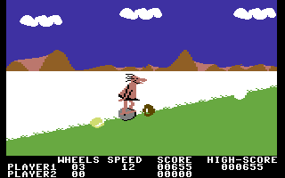 BC's Quest for Tires (Commodore 64) screenshot: Rocks and potholes get in your way