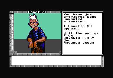 Dragon Wars (Commodore 64) screenshot: Meeting the locals will give you appreciation for the guard viewpoint about the slumdwellers (that includes you, too!)