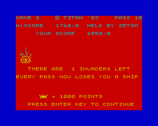 Alien Swarm (ZX Spectrum) screenshot: Luserbugs - the last one managed to escape on phase 10. A ship is lost.