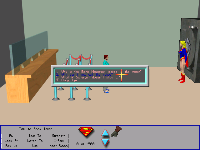 Supergirl in We don't need another Hero (Windows) screenshot: Conversation with an employe in a bank
