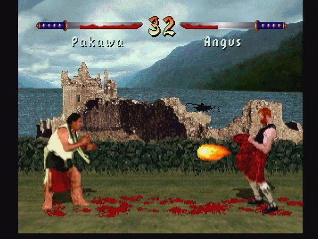 Kasumi Ninja (Jaguar) screenshot: Pakawa vs. Angus (best fighting game move ever!!)