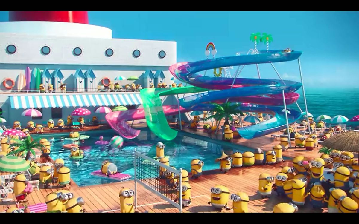 Minions Paradise (Android) screenshot: The animated introduction sequence before Phil sinks the cruise ship.