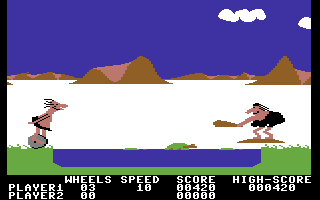 BC's Quest for Tires (Commodore 64) screenshot: Watch out for Fat Broad!