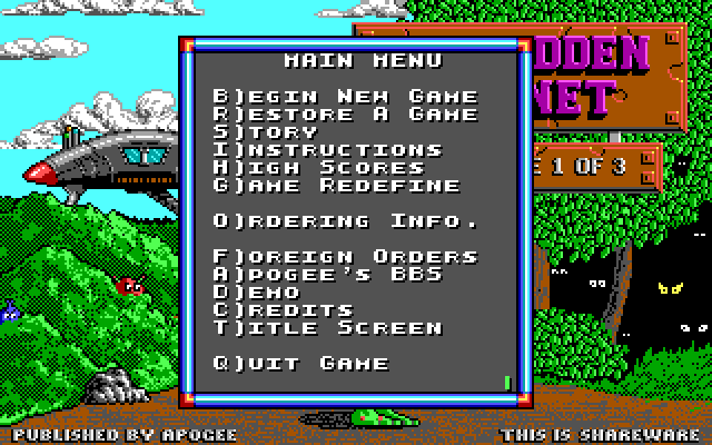Cosmo's Cosmic Adventure (DOS) screenshot: menu screen