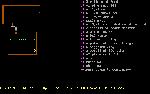 Rogue Clone (DOS) screenshot: I guess it's time to tidy up my backpack. (Rogue Clone IV)