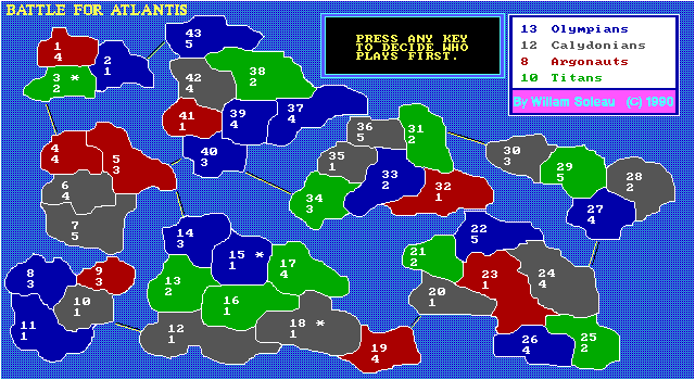 Battle for Atlantis (DOS) screenshot: The game area has been prepared and is ready to play. The player always plays as the blue army, the Olympians