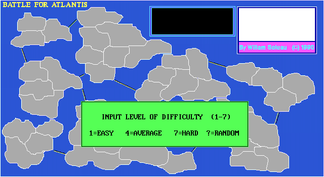 Battle for Atlantis (DOS) screenshot: The difficulty selection screen. Though values 1, 4, and 7 are shown here the player can enter any number in between