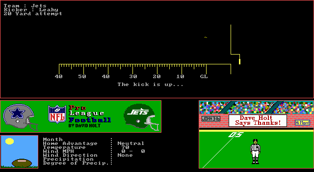 NFL Pro League Football (DOS) screenshot: Field goal attempt... (EGA graphics mode)