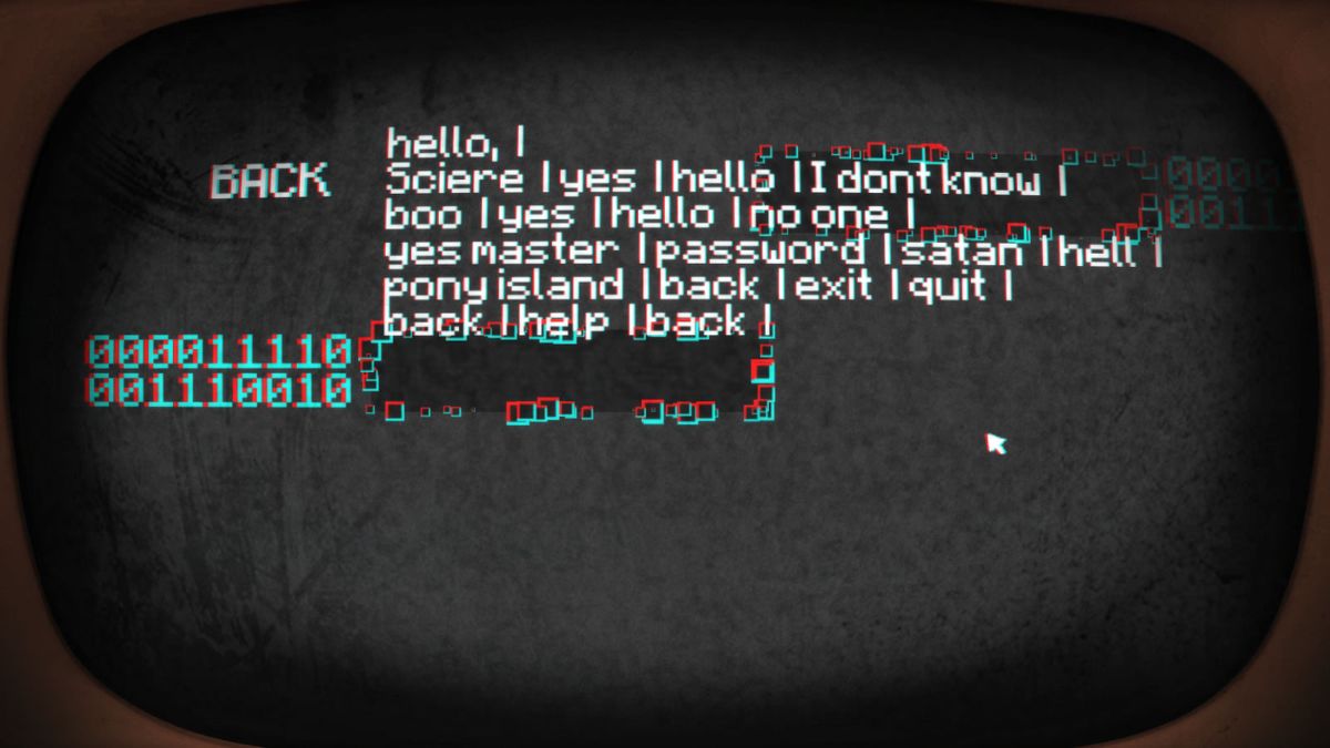 Pony Island (Windows) screenshot: The game keeps a dump of the information you entered during the chats and then feeds it back to you.