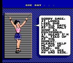 Menace Beach (NES) screenshot: She's rather ungrateful.