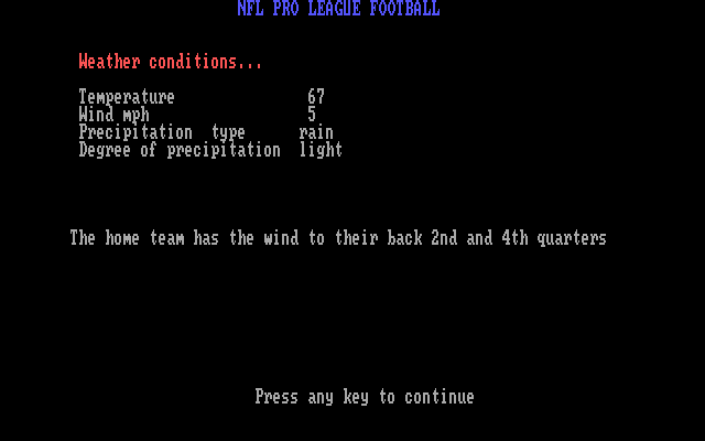 NFL Pro League Football (DOS) screenshot: The weather conditions
