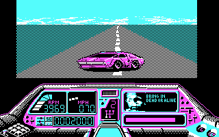 Techno Cop (DOS) screenshot: Spinning out from a collision (CGA)