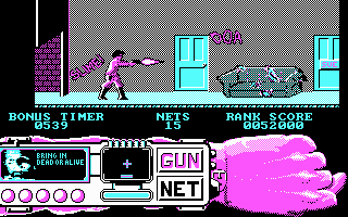Techno Cop (DOS) screenshot: My paranoia gets the better of me, shooting into thin air (CGA)