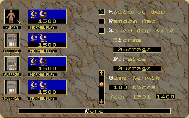 Merchant Prince (DOS) screenshot: Setup Screen