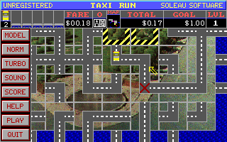 Taxi Run (DOS) screenshot: The red 'X' is the drop off point