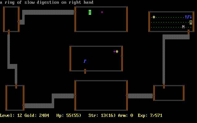 Rogue Clone (DOS) screenshot: Rings of Slow Digestion are a very useful item, they make you use up less food. (Rogue Clone IV)