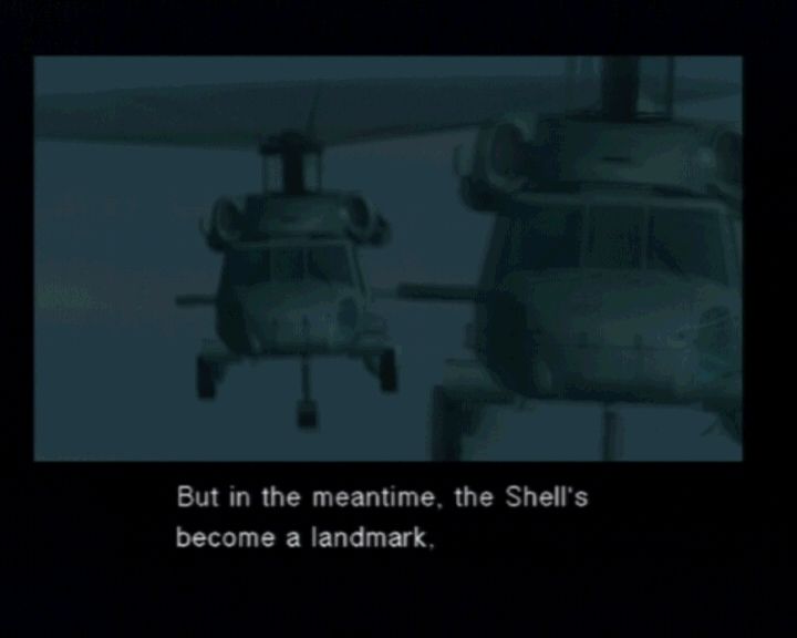 Metal Gear Solid 2: Sons of Liberty (PlayStation 2) screenshot: Main Episode - Incoming choppers (soldiers coming to overtake the Big Shell).