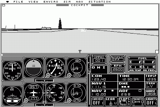 Microsoft Flight Simulator (Macintosh) screenshot: the infamous Chicago Meigs startup