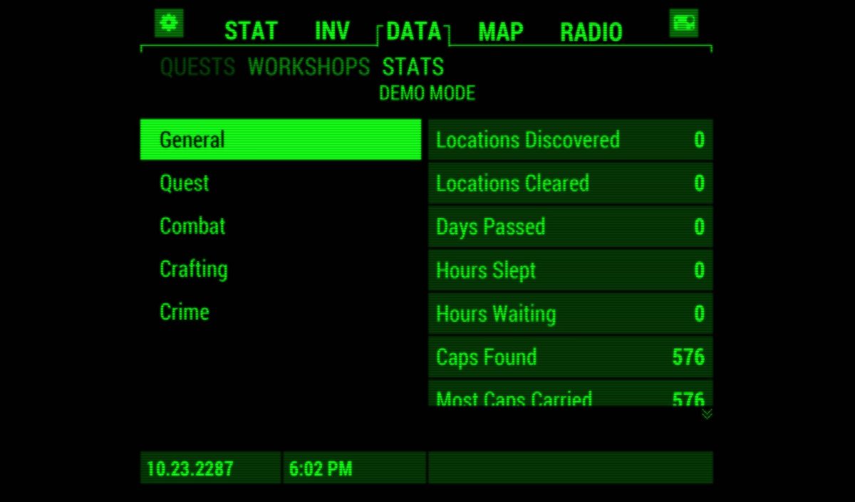 Fallout: Pip-Boy (Android) screenshot: Quests (demo mode)