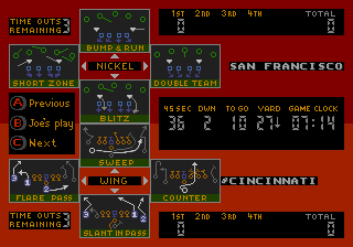 Joe Montana Football (Genesis) screenshot: Select your scheme from the playbook