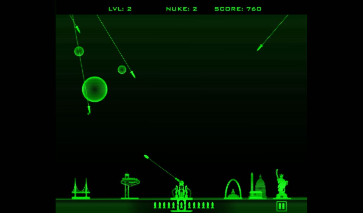 Fallout: Pip-Boy (Android) screenshot: <i>Atomic Command</i>: target the incoming missiles by tapping.