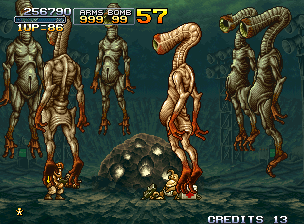 Metal Slug 3 (Neo Geo) screenshot: A bunch of huge aliens