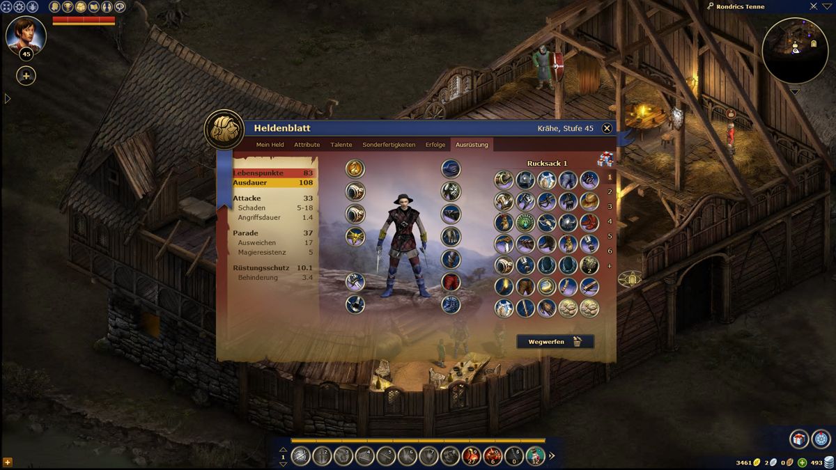 The Dark Eye: Herokon Online (Browser) screenshot: The character inventory