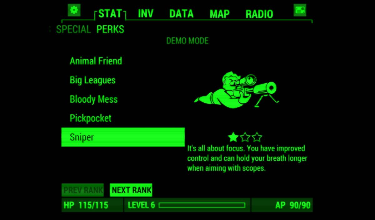 Fallout: Pip-Boy (Android) screenshot: Perks (demo mode)