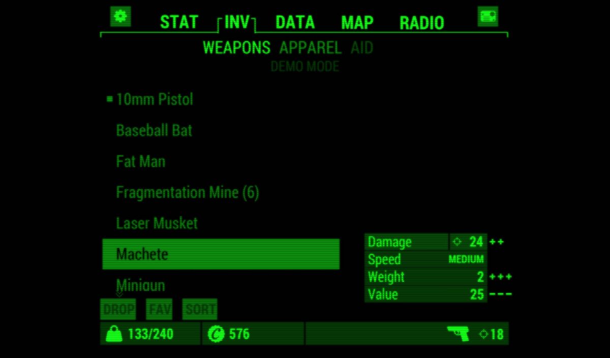 Fallout: Pip-Boy (Android) screenshot: Weapons (demo mode)