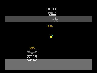 The Music Machine (Atari 2600) screenshot: Even in b/w mode, the falling items are still in color on a color TV