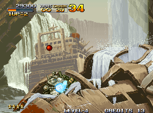 Metal Slug: Super Vehicle - 001 (Neo Geo) screenshot: A ship has crash-landed near a waterfall