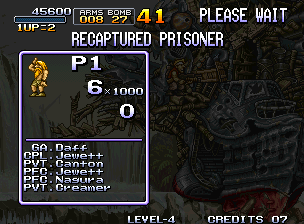 Metal Slug: Super Vehicle - 001 (Neo Geo) screenshot: Statistics show how many prisoners you rescued