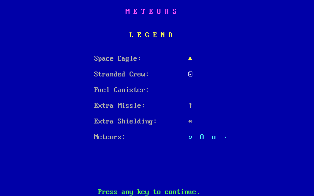 Meteors (DOS) screenshot: Legend