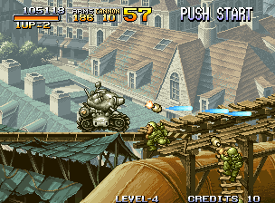 Metal Slug: Super Vehicle - 001 (Neo Geo) screenshot: On top of one of the houses