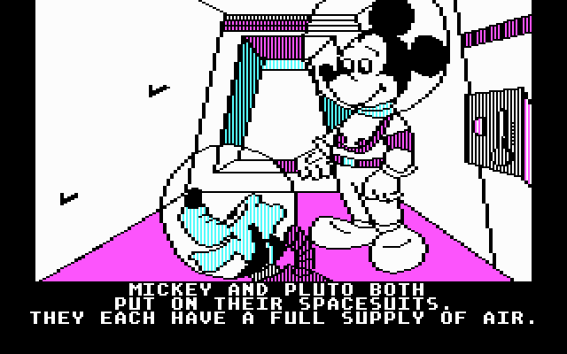 Mickey's Space Adventure (DOS) screenshot: Trying out the spacesuit (CGA)