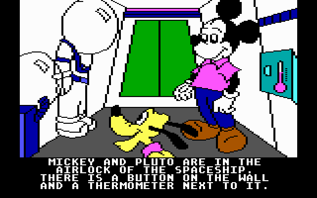 Mickey's Space Adventure (DOS) screenshot: You will need a spacesuit to explore planets (Tandy/PCjr)