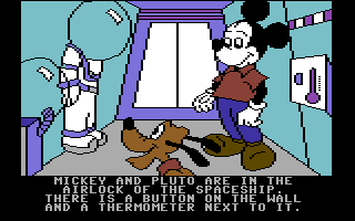 Mickey's Space Adventure (Commodore 64) screenshot: You will need a spacesuit when exploring planets