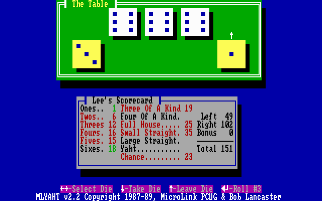 MicroLink Yaht (DOS) screenshot: A game in progress