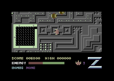 Z-Pilot (Commodore 64) screenshot: I launched a bomb at the barrier. Now there is a hole.