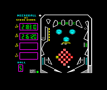 Microball (ZX Spectrum) screenshot: The right flipper poised for a big hit
