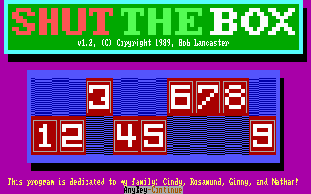 MicroLink Shut the Box (DOS) screenshot: Title screen