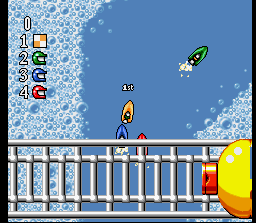 Micro Machines (SNES) screenshot: Boat racing through a Bathtub