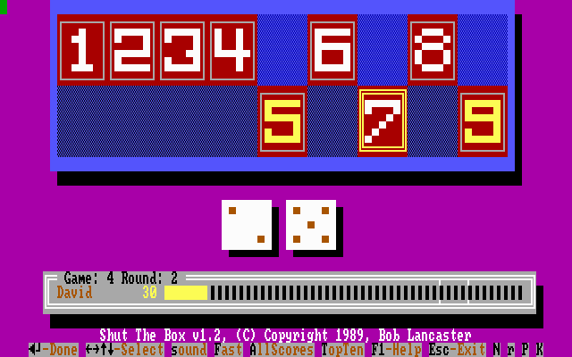 MicroLink Shut the Box (DOS) screenshot: A game in progress