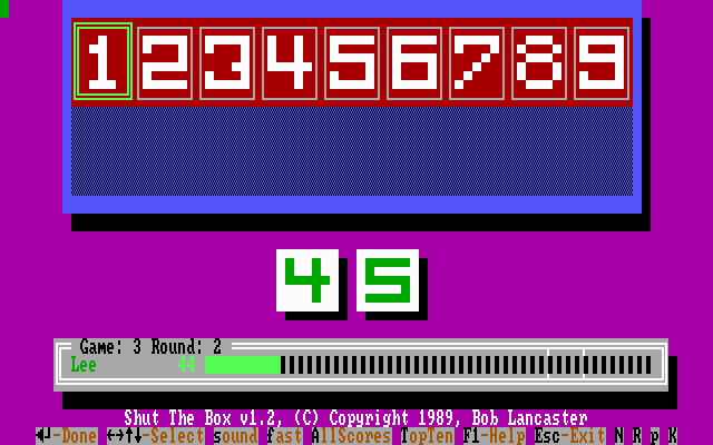 MicroLink Shut the Box (DOS) screenshot: The game can be played with numbers on the dice instead of pips.