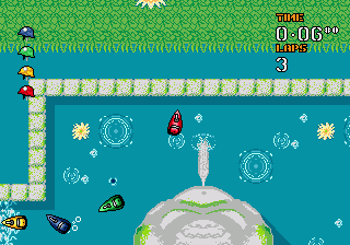 Micro Machines: Military (Genesis) screenshot: I, the red speedboat, am obviously not heading the right way.